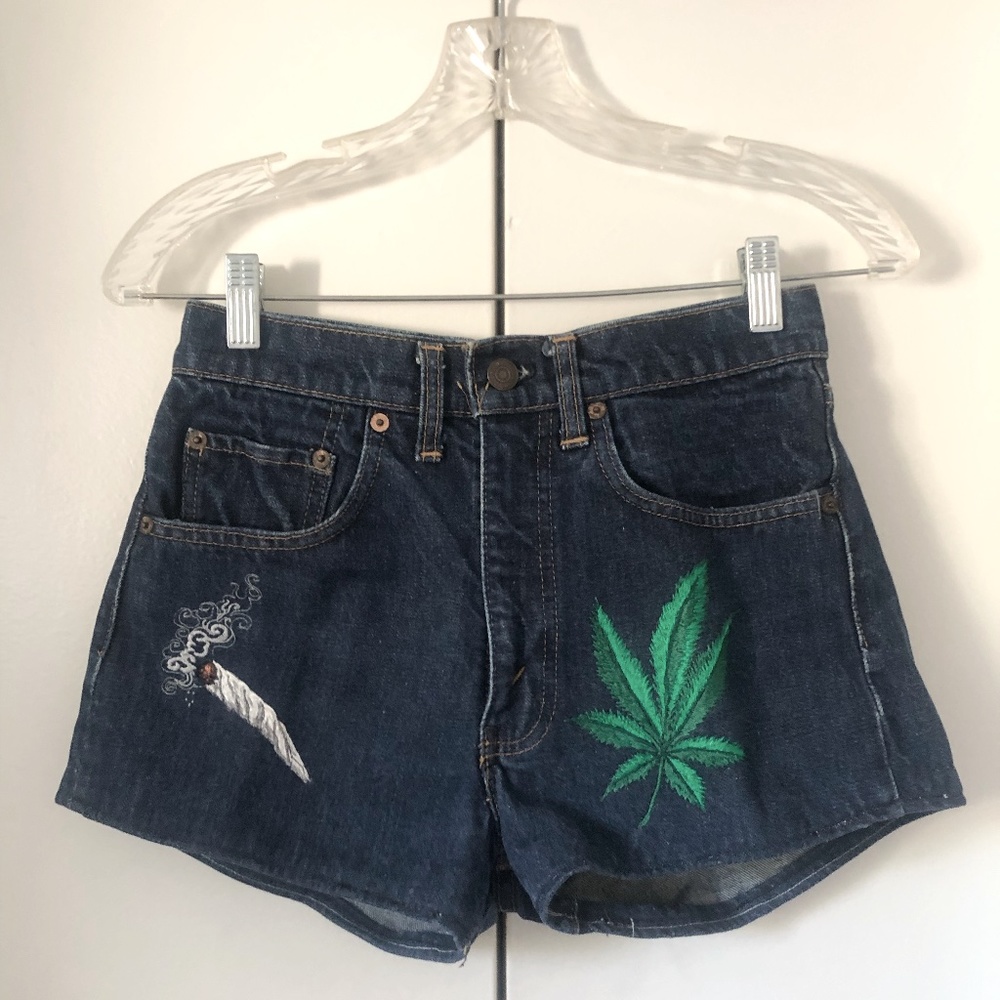 Super rare custom embroidery Levi shorts. Pot leaf and joint embroidery shorts